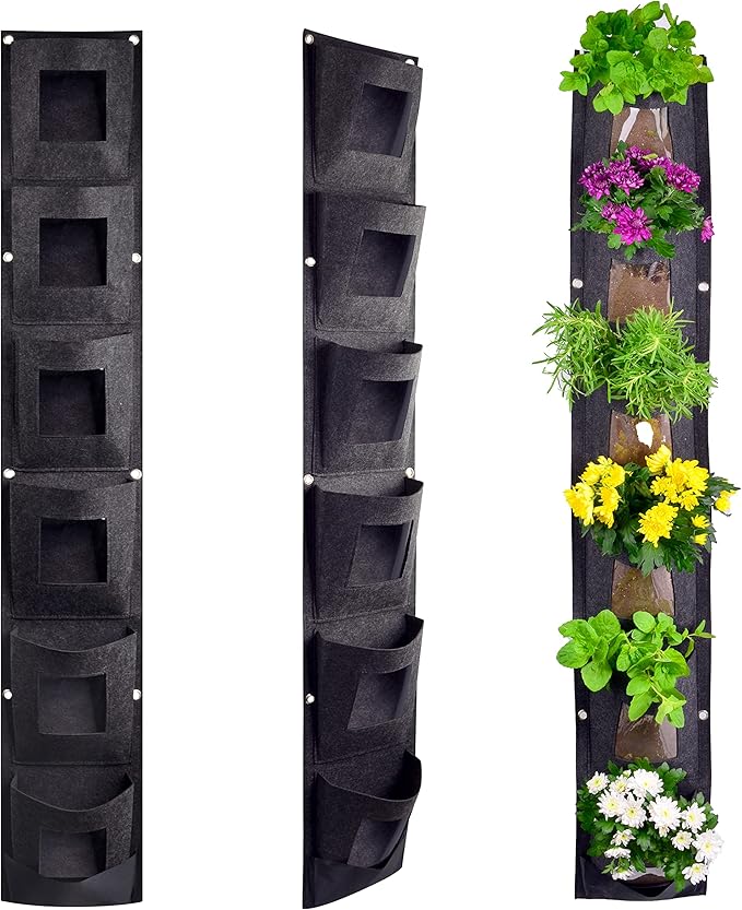 6 Pocket Vertical Grow Bag, Hanging Wall Garden Planter, Indoor Outdoor, Waterproof Reusable Breathable