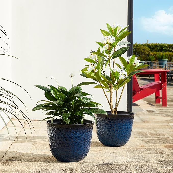 Glitzhome 15.25" D Faux Ceramic Planters, Set of 2 Honeycomb Textured Gradient Cobalt Blue Plant Pots with Drainage Hole, Modern Plastic Round Flower Pots Containers for Home Garden Patio Balcony