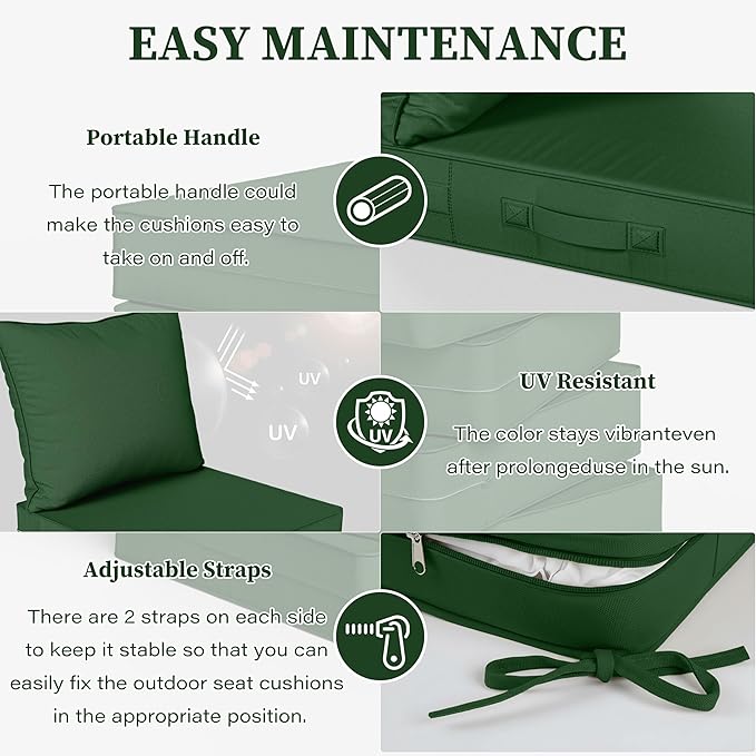 Outdoor Seat Cushion Set 19 L × 19 W × 4 H Inch Waterproof & Fade Resistant Patio Furniture Cushions with Removable Cover with Handle and Straps for Sofa Chairs, Chairs