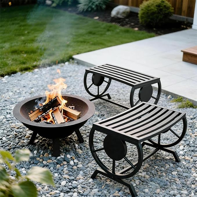 Outdoor Bench Patio Outdoor Garden Bench with Built-in Table, Wagon Wheel Arms, 3 People Outdoor Bench Garden Bench Front Porch Furniture (Black-22.83inch-2Pieces)