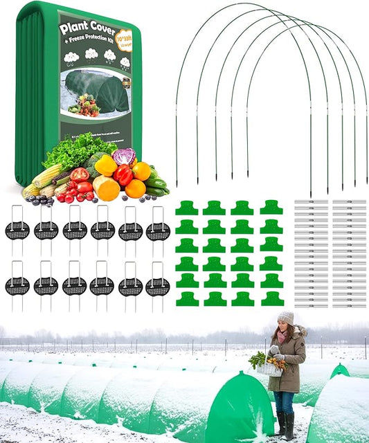 10ft x 50ft Plant Frost Protection Cover, 1.3 oz/yd² Reusable Freeze Blanket with 36 Hoops & 12 Stakes, Garden Greenhouse Tunnel for Winter Snow, Frost & Pest Protection on Outdoor Raised Beds