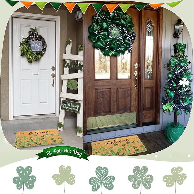 Lucky Clover Welcome Door Mat Outside Entrance, Faux-Coir Green Shamrock Thin Doormat, St. Patricks Day Decoration Outdoor Porch-Rug 17"X30" Non-Slip Dirt-Trapping for Home Garden Farm Spring Decor