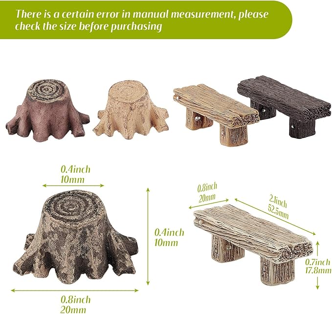 Skylety 12 Pieces Miniature Garden Ornaments, Includes 6 Pieces Retro Wooden Style Benches, 6 Artificial Mini Root Stump for Moss Terrariums Landscape Accessories Decorations