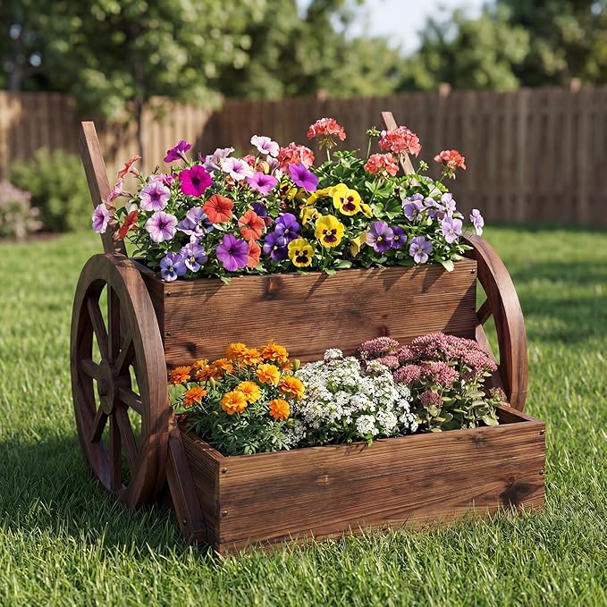 Giantex Wooden Wagon Planter Box, Rustic Garden Planter with Wheels, Handles & Drainage Holes for Flowers Herbs Vegetables, Indoor Outdoor Decorative Flower Cart for Patio Balcony (1)