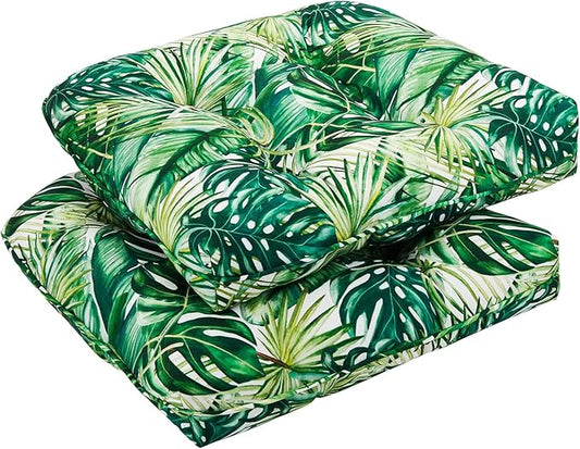 downluxe Outdoor Chair Cushions Set of 2 for Patio Furniture, Waterproof Tufted Overstuffed Patio Furniture Cushions, Thick Outdoor Seat Cushion, 19" X 19" X 5", Palm Leaves