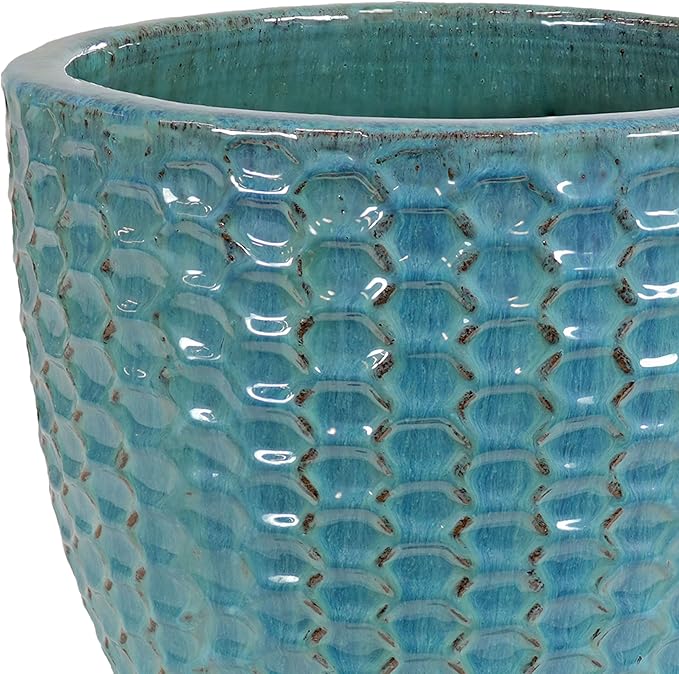 Sunnydaze 14" Raised Hexagon Pattern Glazed Ceramic Plant Pot - Features 1 Drainage Hole - 1.75 Gal Soil Capacity - Turquoise