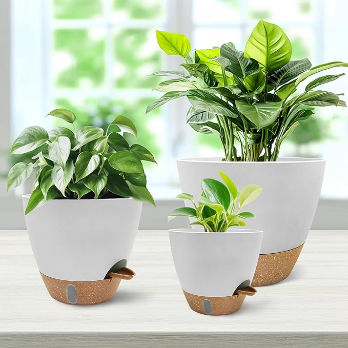 12"/10"/9"/8" Self Watering Pots with Visual Water Window,Extra Large Self Watering Plant Pots with Drainage Holes & Saucers,White Planters for Indoor Plants,4-Pack
