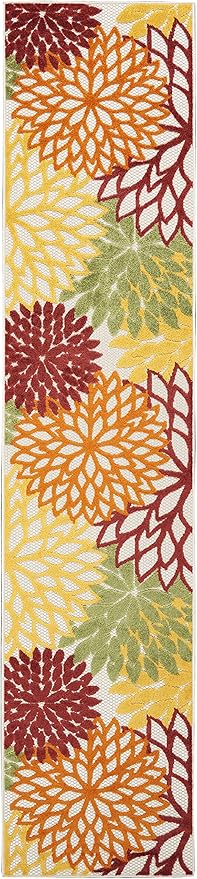 Nourison Home Aloha Indoor/Outdoor Red Multi Colored 2'3" x 10' Area Rug, Tropical, Botanical, Easy Cleaning, Non Shedding, Bed Room, Living Room, Dining Room, Deck, Backyard, Patio (2x10)