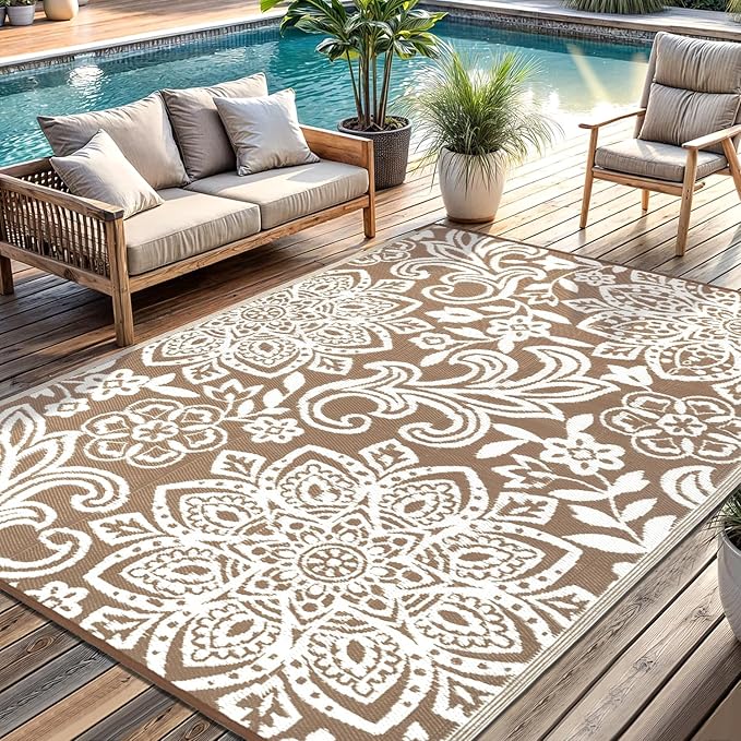 Findosom Waterproof Outdoor Rug 5' x 8' - Reversible Mandala Outdoor Plastic Straw Rug, Durable Foldable Patio Rug for RV, Deck, Balcony, Backyard, Picnic, Porch, Camping, Beach, Brown