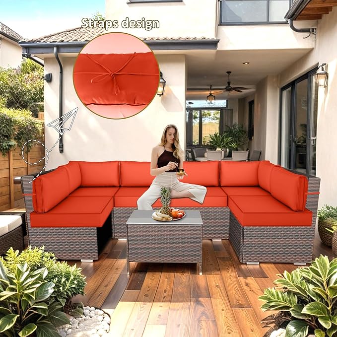 Outdoor Replacement Cushions for Patio Furniture,14-Piece Patio Water-Resistant Replacement Sofa Cushions,Fits 6-seat Sectional Rattan Conversation Set,Liner&Cover (Orange)