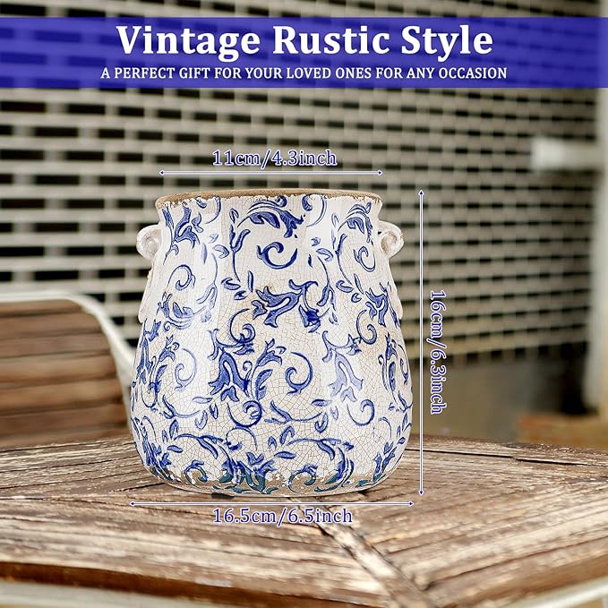 Ceramic Scroll Planter 6.5 Inch Chinoiserie Floral Vase with Drainage Holes Vintage Flower Vase Flower Pot Rustic Ceramic Pots for Indoor Plants Garden Home Bookshelf Decor (Retro Blue)