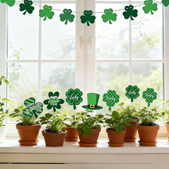 6 Pcs St. Patrick's Day Outdoor Decorations, Metal Shamrock Decorative Garden Stakes Yard Signs Perfect for Garden Lawns, Porches, Potted Plants and St. Patrick's Day Party Decor