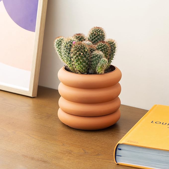 Navaris Ripple Terracotta Outdoor Plant Pot - Ribbed Design, Modern Style with Removable Base Drainage