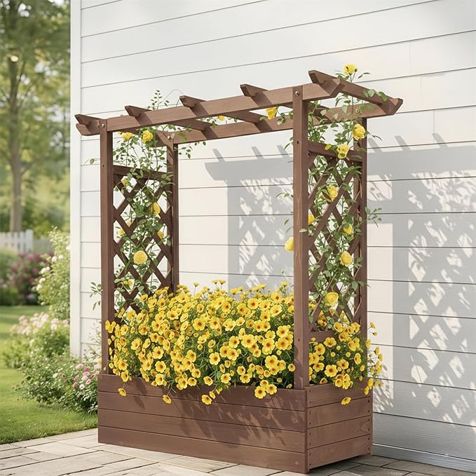 Outvita Raised Garden Bed with Trellis, Wood Planter Box with Hanging Roof, Side Trellis and Drainage Holes, Above Ground Elevated Garden Bed for Outdoor Climbing Plants Vegetables(Carbonized Color)