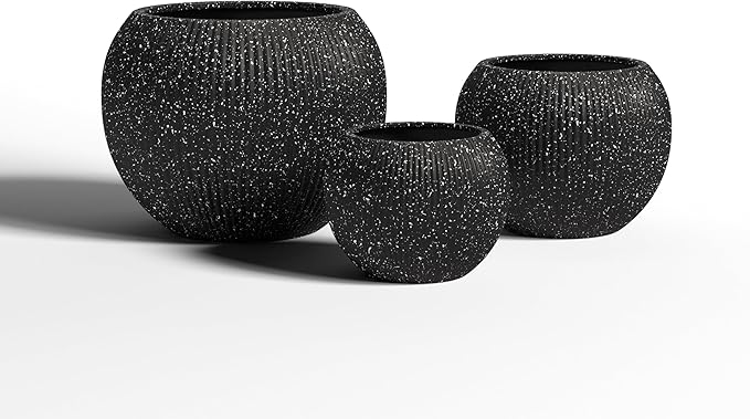 DTY Mount Sherman 12.6" D x 10'' H (Pot Opening 8.5") Fiberstone Round Planter with Drainage Hole, Smooth Finishes, Weather Resistant for Indoor and Outdoor, 2 Extra Coco Mats - Ribbed Black, Small