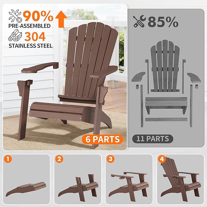 Psilvam Adirondack Chair, Oversized Poly Lumber Fire Pit Chair with Cup Holder, 350Lbs Support Patio Chairs for Garden, Weather Resistant Adirondack Chair Looks Like Real Wood (2, Brown)