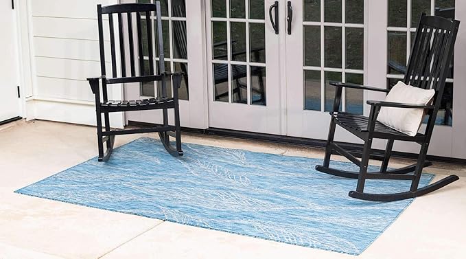Unique Loom Outdoor Botanical Collection Area Rug - Leaf (8' x 11' 4" Rectangle, Light Aqua/ Ivory)
