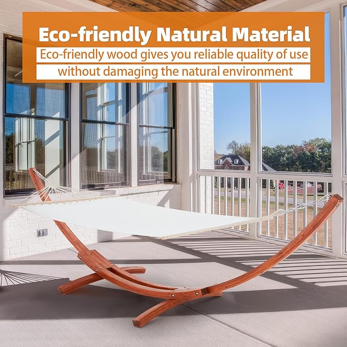 ECOTOUGE 13 FT Hammock with Stand for Outside, 2 Person Heavy Duty Wooden Hammock Stand, Large Hammock Bed for Porch, Patio, Balcony, Garden, Backyard, White-Yellow