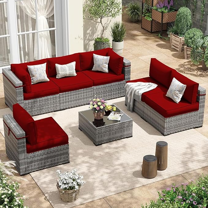 Patio Sectional Cushions, 14-Piece Replacement Cushions for Outdoor Furniture, Water-Resistant Outdoor Sofa Cushion for 6-Seat Rattan Wicker Sectional Conversation Sets (Red)