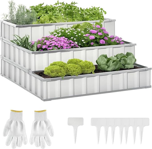 Outsunny 3 Tier Raised Garden Bed Outdoor Metal Patio Planter Box with Gloves, 4' x 4' x 2' for Backyard, Patio to Grow Vegetables, Herbs, and Flowers, White