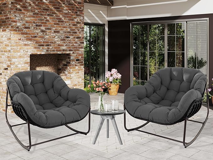 Papasan Rocking Chair, Oversized Papasan Chair with Cushion and Frame for Indoor& Outdoor,Egg-Shaped Patio Rocking Chair for Garden, Deck, Living Room, Light Grey