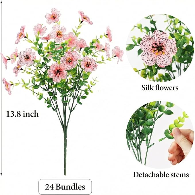 Artificial Flowers Outdoor Faux Plants UV Resistant Fake Patio Flowers Plastic Greenery Plnats Outside Bulk for Spring Garden Hanging Planter Home Vase Decor, 24 Bundles (Pink)