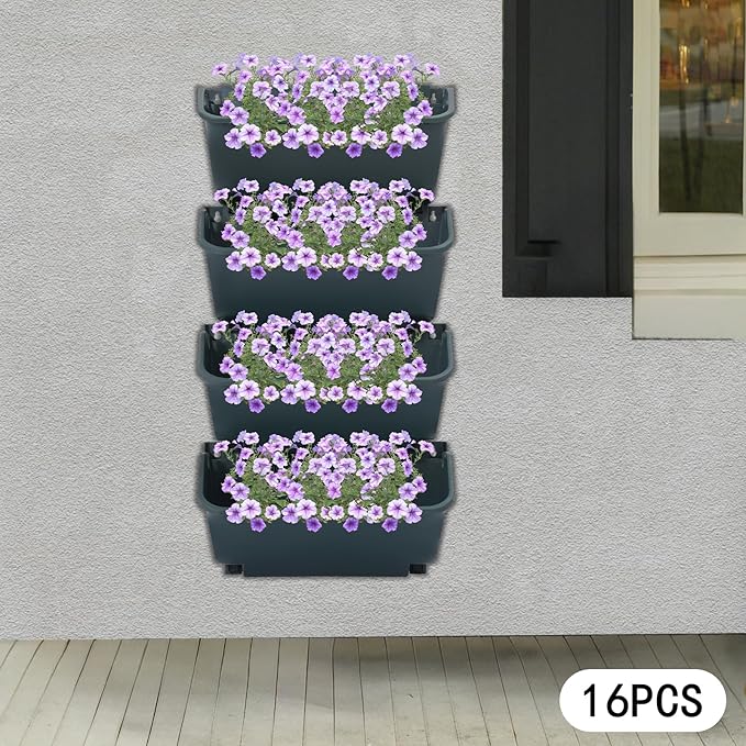 Eapmic Vertical Wall Planter with 16 Pots, Hanging Garden Plant Flowerpot Holder, Stackable Wall-Mounted Planter, Balcony Planters for Flowers Vegetables Fruits (Army Green, 16 Pots)