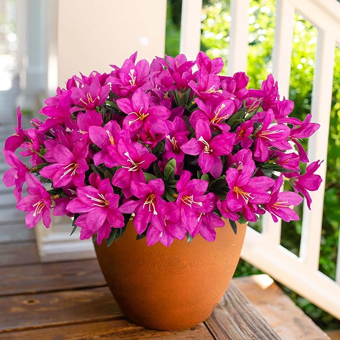 INSPRING Artificial Fake Flowers for Outdoors Spring Outside Decoration, 3 Bundles Silk Azalea Faux Plants UV Resistant Realistic Outdoor Flowers for Planter Porch Patio Garden Walkways Home, Fuchsia