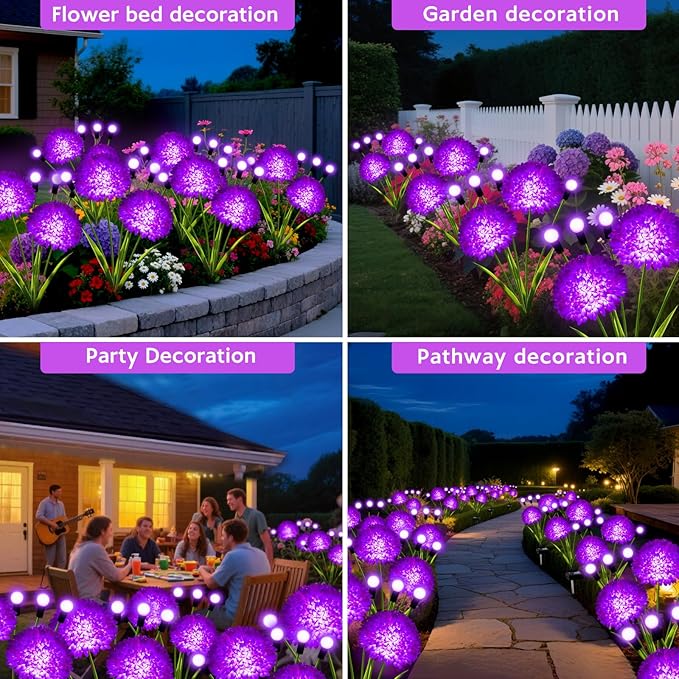 Solar Garden Lights, 4 Pack Solar Purple Swaying Firefly Lights with Flowers, Waterproof Purple Halloween Flowers Light Outdoor for Garden Patio Yard Fall Decoration, Gifts for Women Mother's Day