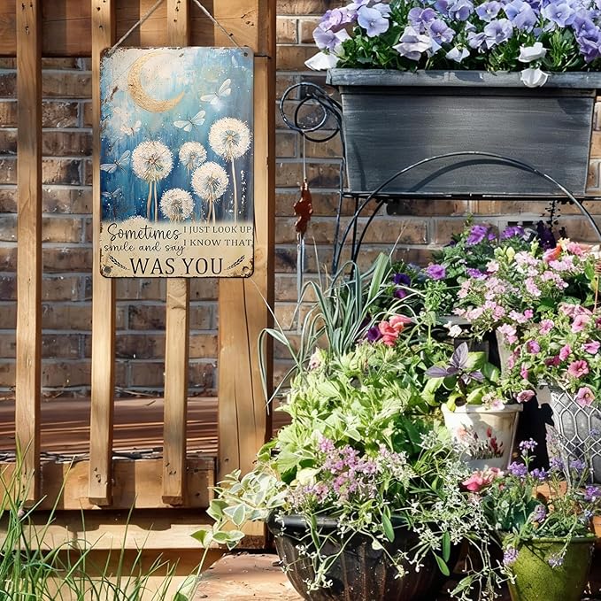PEACHGARDEN Dragonfly Dandelion Vintage Tin Sign Just Look Up Smile Say I Know That Was You Wall Art Decor for Home Living Room Bedroom Office Cafe And Pub Decoration 8x12inch