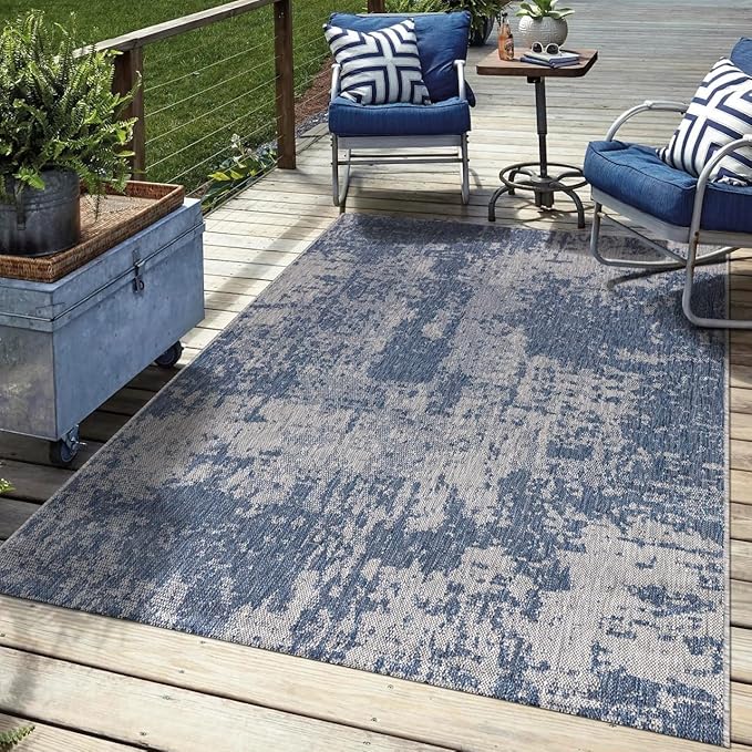 Keen Home Design Terrace Outdoor Area Rug - 46"x67" Washable Indoor/Outdoor Rug for Patio, Kitchen, Balcony, Beach, Garden, Deck and Porch, Size: 3'10" x 5'7", Abstract Navy