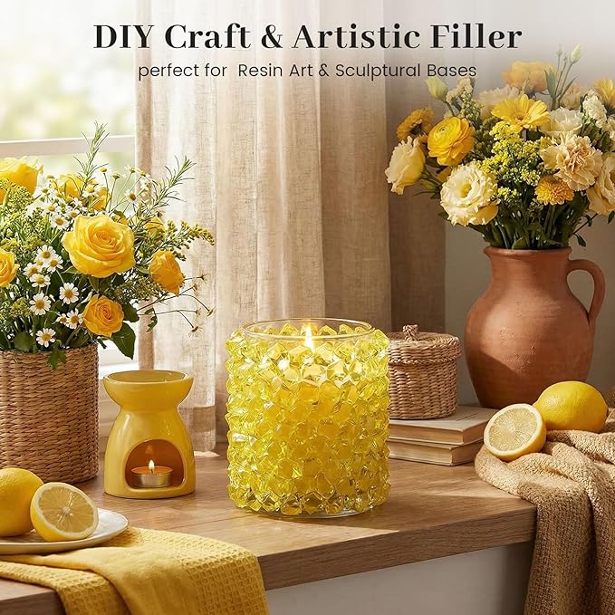 DomeStar Yellow Fake Ice Rocks, 150PCS Acrylic Gems Crystals Plastic Diamonds Fake Ice Cubes for Vase Fillers DIY Craft Wedding Photography Prop Display Table Scatter Home Amalfi Coast Decorations