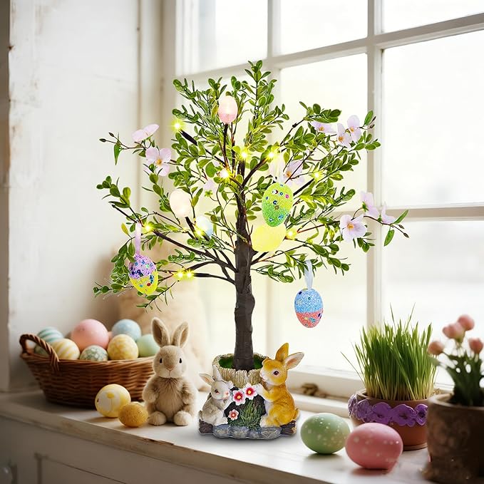 DR.DUDU Lighted Easter Tree 23.5 Inch - Pre-Lit Easter Decorations for Table with Eggs & Bunny Pot, Spring Trees Centerpiece with Lights for Dining Room, Home, Mantel, Office Décor