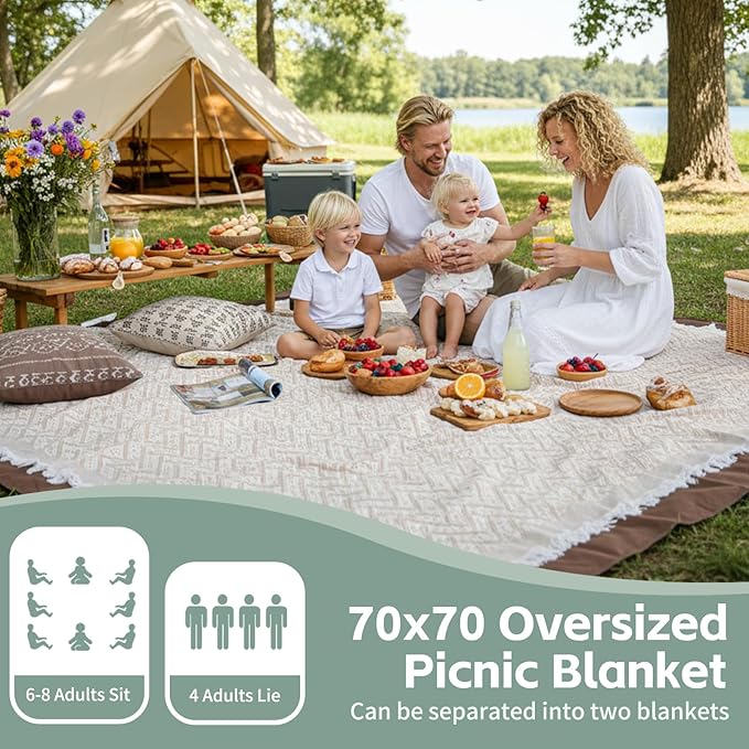 2 in 1 Extra Large Outdoor Picnic Mat Woven Summer Throw Blanket Boho Giant Beach Travel Essential Yoga Accessories Park Patio Lawn Garden Grass Ground Play Music Festival Concert Must Have