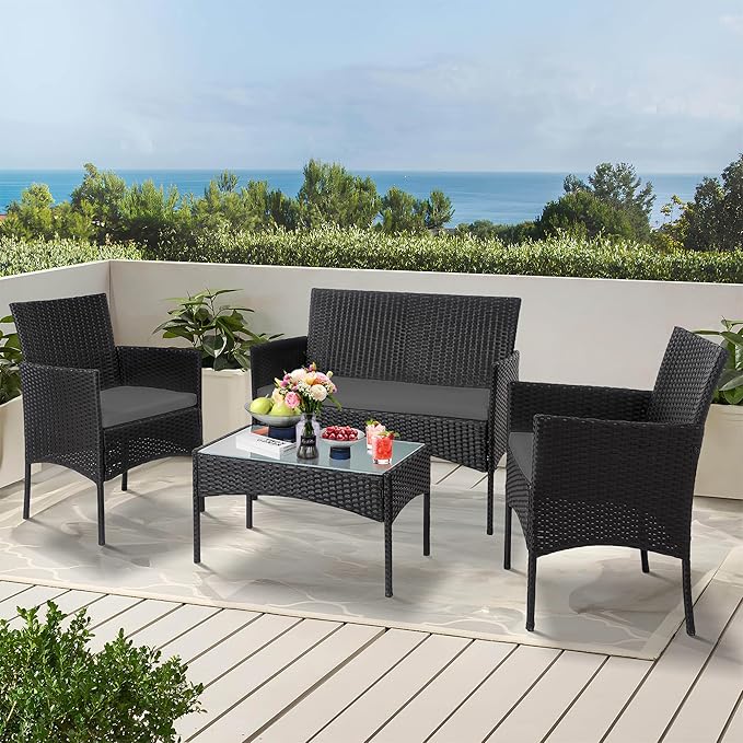 PROHIKER 4 Piece Outdoor Wicker Patio Conversation Furniture Set, Rattan Chair Wicker Sofa Garden Conversation Sets with Cushion and Glass Table for Yard Pool or Backyard, Black/Gray