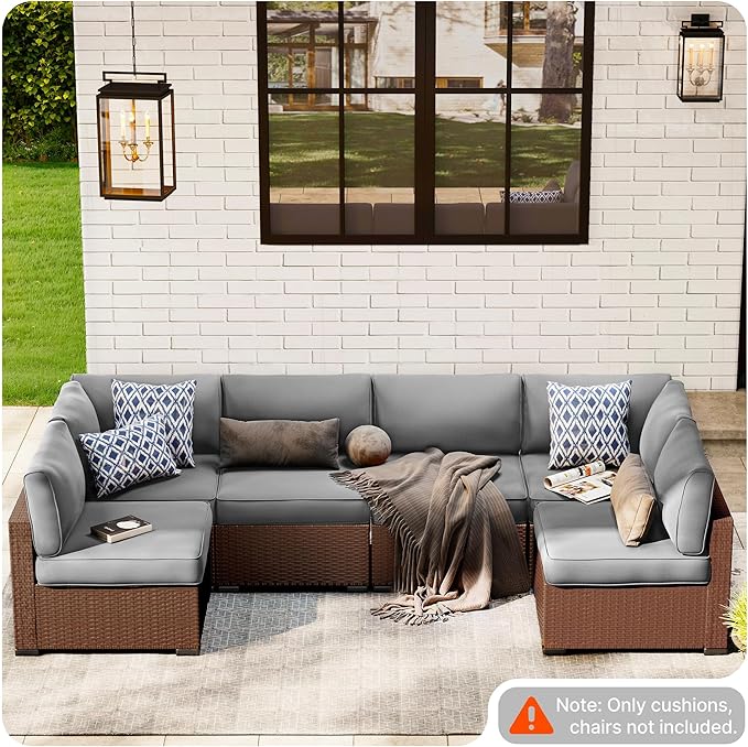 SUNCOZE 14-Piece Outdoor Cushions for Patio Furniture, 25.6"x25.6" Couch Cushion Replacement Designed for 6-Seat Sectional Sofa Sets, Anti-Slip Patio Cushions for Garden, Backyard, Porch (Grey)