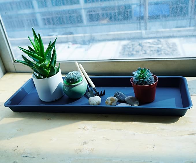 2 Pack of Blue Plastic Rectangular Plant Tray, Plant Saucer for Indoors & Outdoors, 6.5 X 13 Inch, Modern Glossy Finish