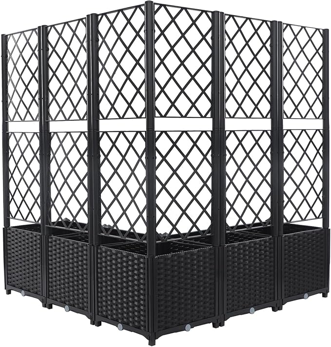 5PCS Raised Garden Bed with Treliis, Freestanding Garden Planter, Detachable Outdoor Planter Box, Vertical Garden Beds with Water Storage Mechanism for Climbing Growing, Backyard (Black)