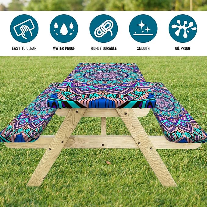 Picnic Table Cover with Bench Cover, Boho Table Covers with Elastic Waterproof Camping Tablecloth with Drawstring Bag, Outdoor Travel Rv Patio Camping Essentials, 60In 3PCS
