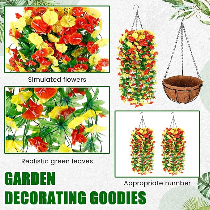 Hotop 2 Set Artificial Hanging Flower Basket and 6 Pcs Bougainvillea Silk Vine Flower for Outdoor Indoor UV Resistant Faux Hanging Plant Coconut Lining Planter Pot (Yellow,Orange)