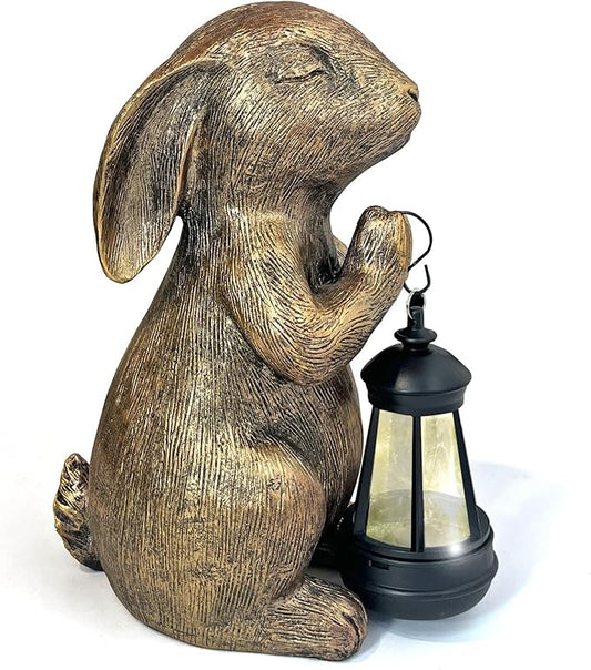 Solar Garden Statue Rabbit Outdoor Decor, Bunny Figurines with Solar Lantern, Yard Decorations for Patio Balcony Yard Lawn Ornaments - Unique Birthday Easter Housewarming Gifts for Women, Mom, Grandma