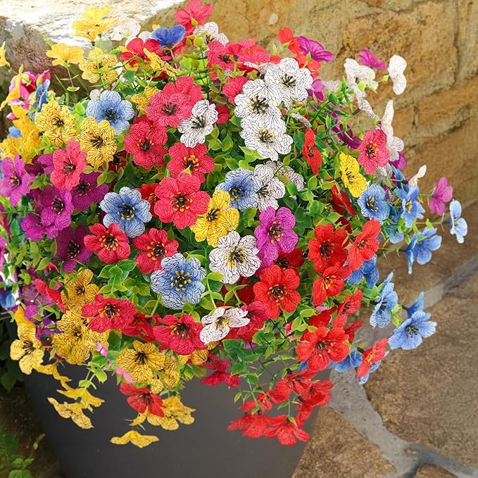Artificial Spring Flowers Outdoor Faux Plants UV Resistant Fake Patio Flowers Plastic Greenery Plnats Outside Bulk for Spring Garden Hanging Planter Home Vase Decor, 36 Bundles (Multicolor)