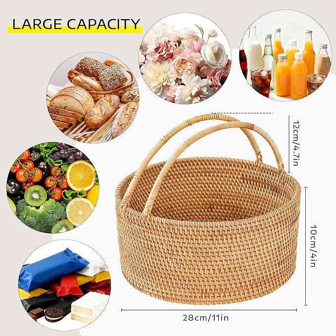 Rattan Picnic Basket with Handles, Round Wicker Gift Basket for Wedding, Camping(11"×11"×4")