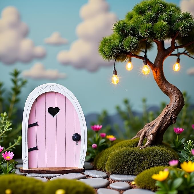 Pink Streak Mini Fairy Garden Door for Tree, 3D Miniature Fairy Door for Fairytale Tiny House Doors, Bonsai Terrarium Micro Landscape Decoration Accessories Garden Miniatures
