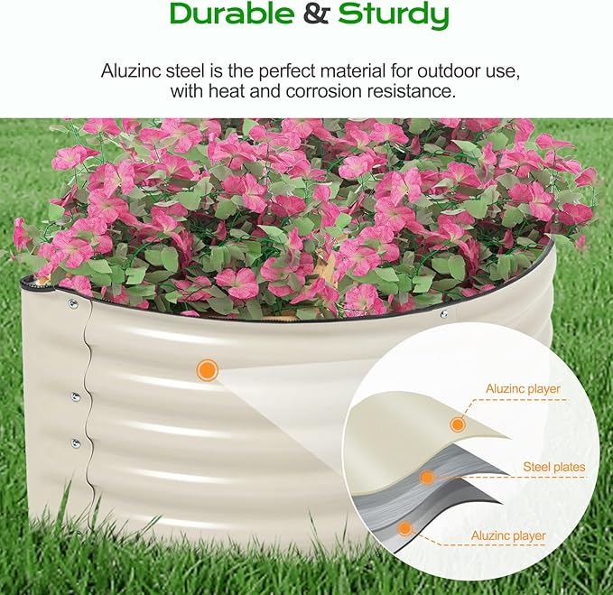 Aoodor 42" L x 24" W x 17" H Half Moon Galvanized Raised Garden Bed, Durable Semi-Circular Outdoor Planter Boxes for Vegetables, Flowers, and Herbs, Set of 2, Beige