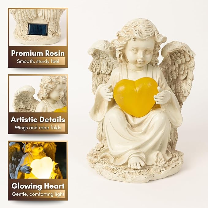 TIALLY Solar Garden Angel Statue – Praying Guardian Angel Statue Light for Outdoor Yard Decor, Resin Garden Sculpture with Soft Glow for Angels Memorial or Cemetery Use