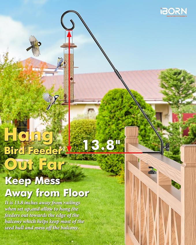 iBorn Deck Hook for Bird Feeder, Hummingbird Feeder Hanger for Deck Railing, Heavy Duty Deck Hanger for Outdoors Hanging, 360° Rotatable Arm, Solid Wire, 28 Inch, Pack of 2