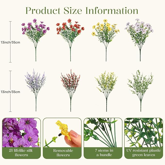 SHareconn 24 Bundles Artificial Flowers for Outdoors Decoration, Faux Plants Fake Silk Colorful Daisy Eucalyptus Lavender, UV Resistant for Outside Home Porch Indoor Spring Decor, RedPurpleYellowWhite