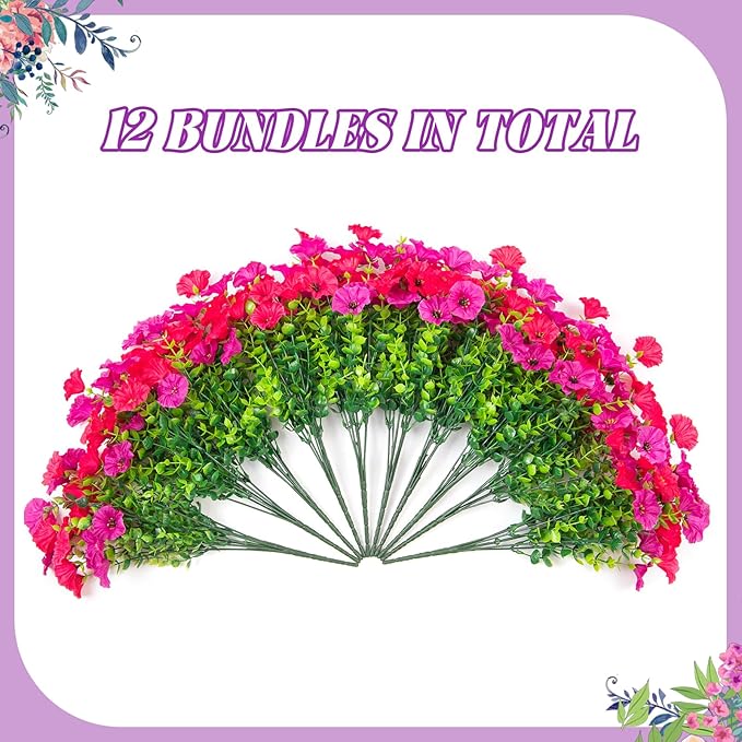 Artificial Flowers for Outdoors, 12 Bundles Fake Plastic Flower Plant, Faux Colorful Silk Morning Glory Eucalyptus for Spring Summer Outside Garden Porch Front Door Decor, Hot Pink Purple
