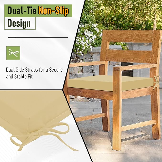 Basic Beyond Outdoor Chair Cushions Set of 4, Square Corner Outdoor Cushions for Patio Furniture, Water Resistant Patio Chair Cushions with 2 Ties, 18.5x16x3, Khaki
